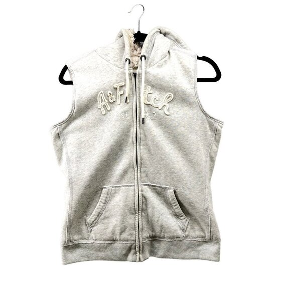 Vintage Abercrombie & Fitch Y2K Gray Sherpa Lined Sweatshirt Vest Hoodie Women L - Picture 1 of 11